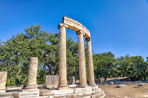 Olympia, Greece - July 19, 2022: Landscapes and ancient relics at the site of the original Olympic Games at Olympia, Greece