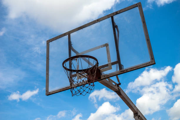 istock basketball hoop against a blue sky with clouds. 1424735337