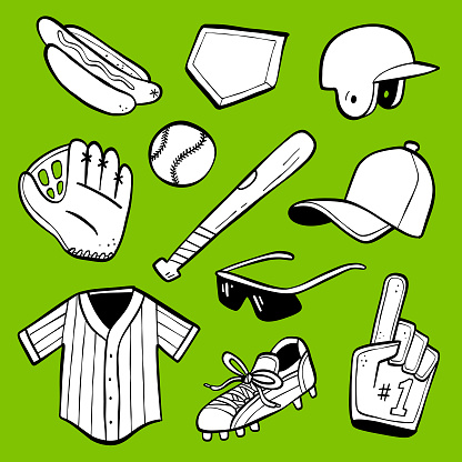 Cartoon style drawings of baseball related objects on a green background
