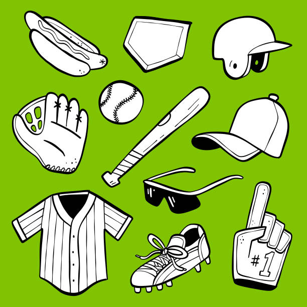 Baseball Doodles Cartoon style drawings of baseball related objects on a green background baseball hand signals stock illustrations