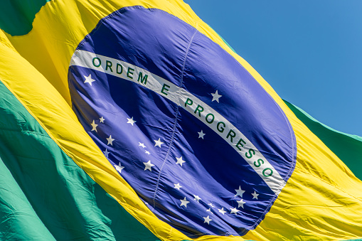 Brazilian flag outdoors in Rio de Janeiro Brazil.