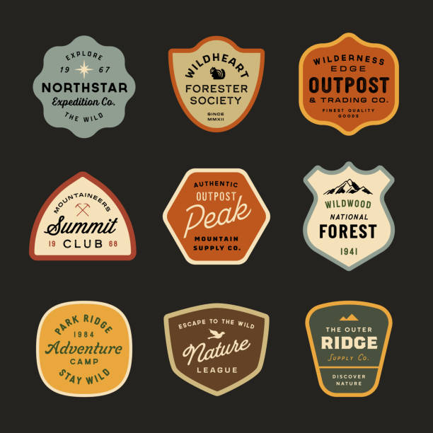 ilustraciones, imágenes clip art, dibujos animados e iconos de stock de diseños de insignias de aventura retro de mediados de siglo - medalla