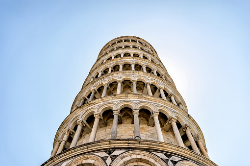 Leaning Tower of Pisa, one of the monumental buildings in the famous Piazza dei Miracoli, formally known as Piazza del Duomo, listed as a UNESCO World Heritage Site since 1987