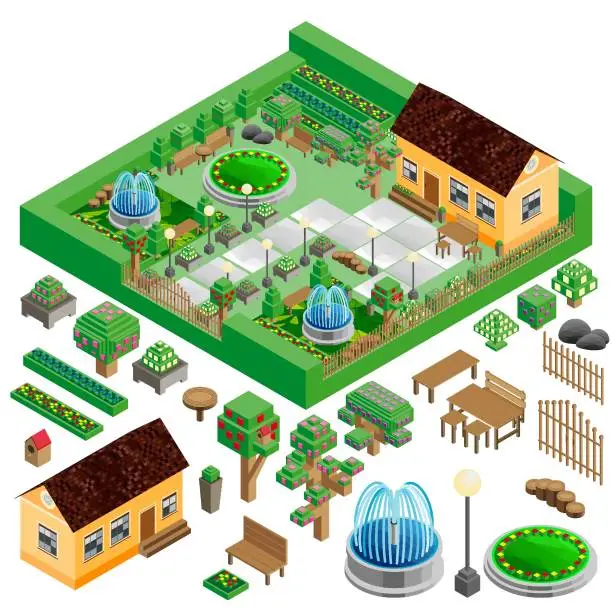 Vector illustration of Isometric country house and yard with garden, park; fountains, architecture design elements, vector landscape constructor.