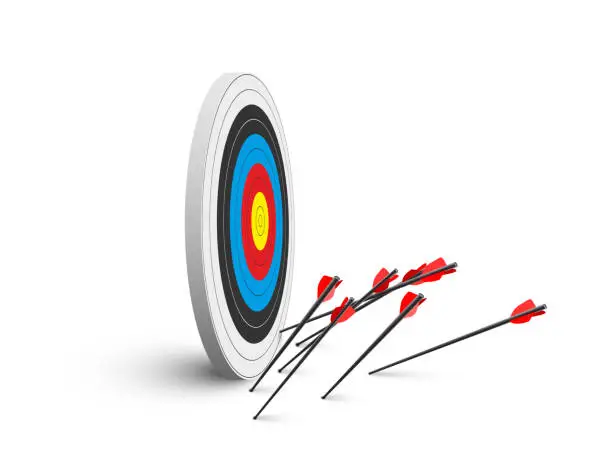 Vector illustration of Arrows missed hitting target isolated on white. Shot miss. Sport game business competition and challenge failure, failed inaccurate attempts metaphor. Vector illustration
