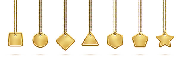 Gold medal set, 3d golden necklaces with badges of square circle rectangle star shape Gold medal set vector illustration. 3d golden necklaces with badges of square circle rectangle star shape hang on metal chain, glossy jewelry accessory, isolated dog or cat identification medallion clothing hang tags stock illustrations