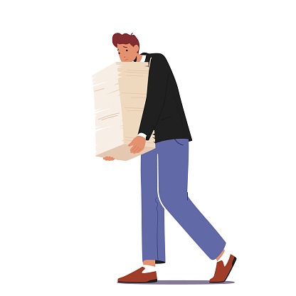 Overworked Businessman Carry Huge Steak of Documents. Workaholic Office Character, Employee Overload at Work, Busy Manager at Workplace with Paper Heap. Cartoon People Vector Illustration