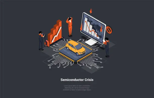 Vector illustration of Concept Of Semiconductor Crisis, Economy Crisis, Microchips Deficit For Electric Cars. Electronic Circuit With Microcontroller Board and Electric Components. Isometric Cartoon 3D Vector illustration