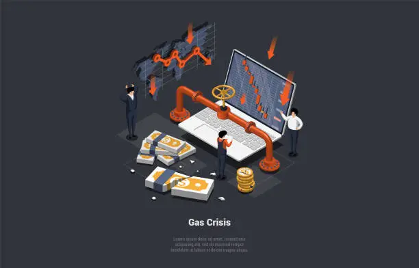 Vector illustration of Concept Of Natural Gas Crisis, Oil Embargo, Default, Economy Crisis And Bankruptcy. Restrictions on Natural Gas Supplies, Downward Chart Arrow Falling Price. Isometric Cartoon 3D Vector illustration