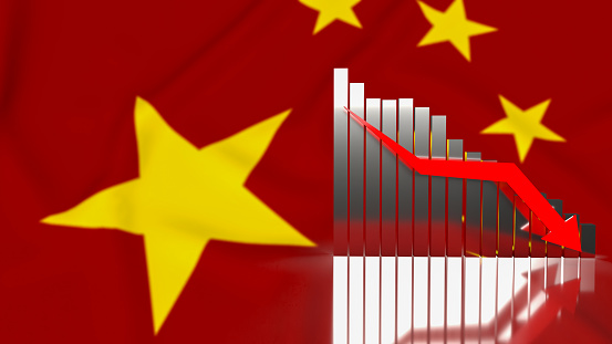 Business chart arrow down on Chinese flag background  3d rendering