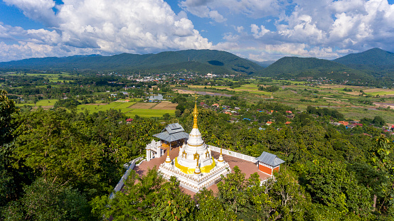 aerial photography of Wat Phra That Chom Kitti It is located in the west of Mae Sariang District. Mae Hong Son Province, Thailand