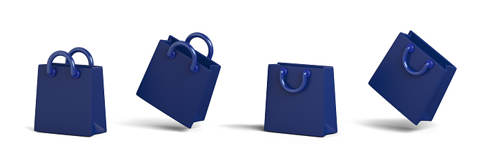 Set of blue shopping bag isolated on white background, 3D rendering illustration