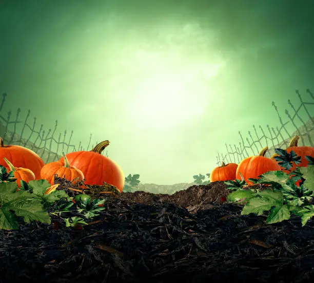 Halloween monster night poster and Autumn party background with a scary zombie hand with a yellow moon glowing on a grungy old creepy pumpkin patch in a 3D illustration style.