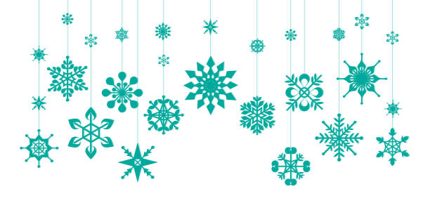 Hanging snowflake festive decorations background Hanging snowflake festive decorations. Vector illustration symbol snowflake icon set shiny stock illustrations