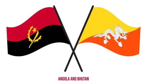 Vector illustration of Angola and Bhutan Flags Crossed And Waving Flat Style. Official Proportion. Correct Colors.