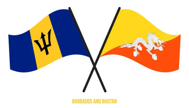 Vector illustration of Barbados and Bhutan Flags Crossed And Waving Flat Style. Official Proportion. Correct Colors.