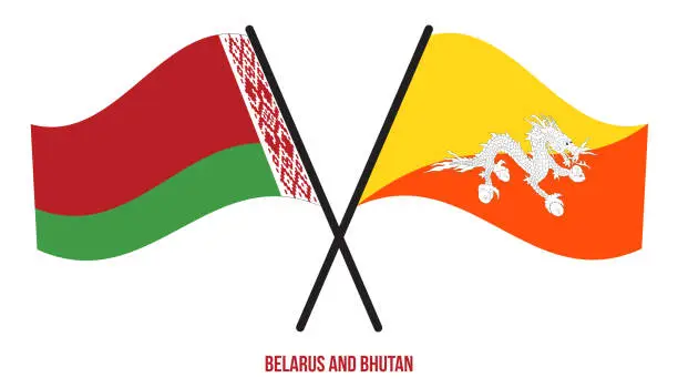 Vector illustration of Belarus and Bhutan Flags Crossed And Waving Flat Style. Official Proportion. Correct Colors.