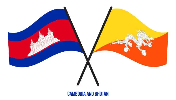 Vector illustration of Cambodia and Bhutan Flags Crossed And Waving Flat Style. Official Proportion. Correct Colors.