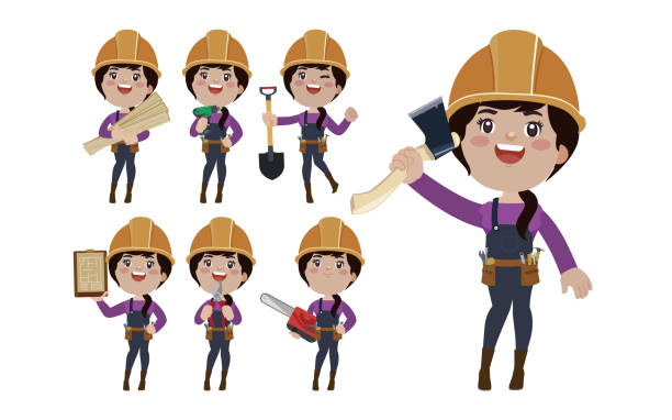 ilustraciones, imágenes clip art, dibujos animados e iconos de stock de conjunto de personajes de trabajo en diferentes poses - construction worker architect construction manual worker