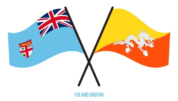 Vector illustration of Fiji and Bhutan Flags Crossed And Waving Flat Style. Official Proportion. Correct Colors.