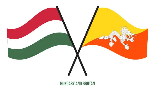Vector illustration of Hungary and Bhutan Flags Crossed And Waving Flat Style. Official Proportion. Correct Colors.