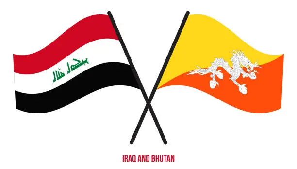 Vector illustration of Iraq and Bhutan Flags Crossed And Waving Flat Style. Official Proportion. Correct Colors.