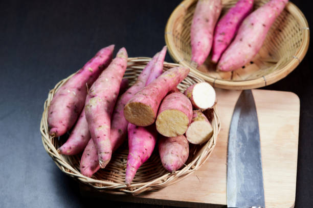 istock Fresh raw sweet potato in wicker basket 1424775810