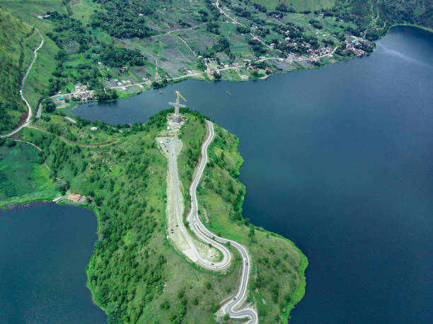 Aerial view of winding road on the hill stock photo