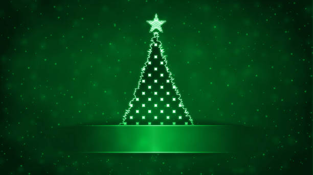 istock Shining vibrant dark green horizontal glowing glossy festive Xmas backgrounds like illuminated Christmas lights with one artistic Christmas tree with a star at the top and blank label template like banner sign 1424787843