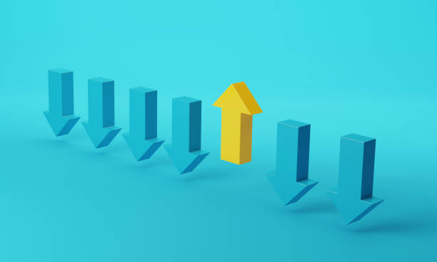 istock Arrow yellow up and arrow down on blue background. 1424790179