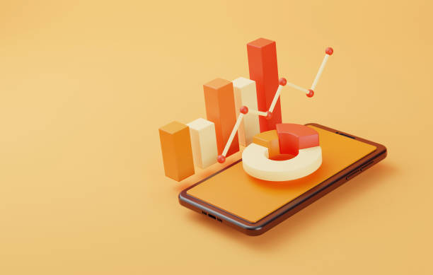 análise de dados financeiros e crescimento de negócios com gráfico de tortas e smartphone gráfico de barras em fundo amarelo. - analyzing data bar graph graph - fotografias e filmes do acervo