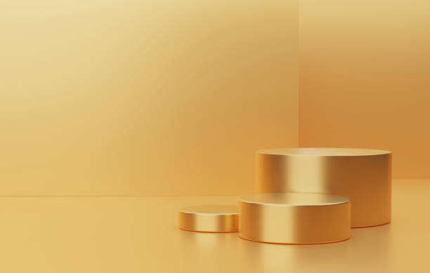 istock Cylindrical gold podium base luxury on abstract gold background. 1424790311