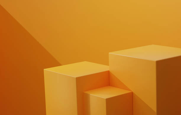 istock Abstract geometric orange polygonal podium base shelves on orange background. 1424790557