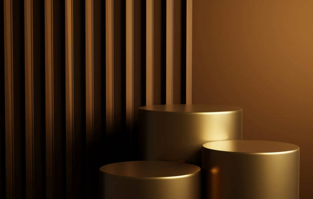 istock Cylindrical gold podium base luxury on abstract gold background. 1424791094