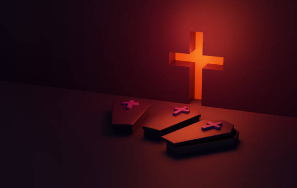 istock Orange coffin and cross on orange abstract background. 1424791391