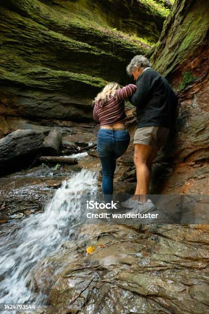 Slippery Hiking At Turkey Run State Park Indiana Stock Photo - Download Image Now - Autumn, Family, University Student
