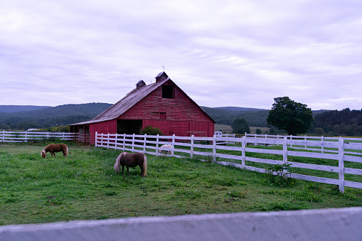 Old red barn with a white fence  in a rural mountainous area of  West Virginia; USA