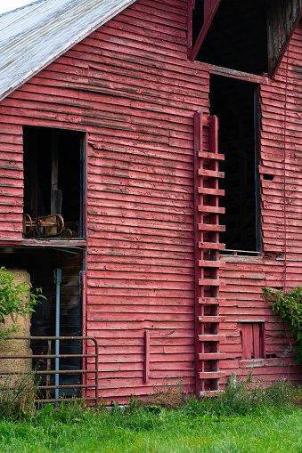 Partial view of old red barn, West Virginia, USA