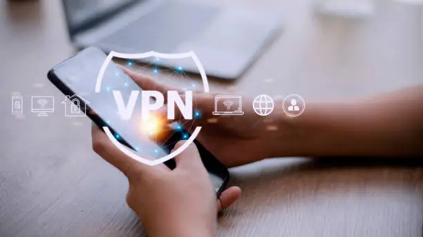 Photo of VPN secure connection concept. Person using Virtual Private Network technology to create encrypted tunnel to remote server on internet to protect data privacy or bypass censorship