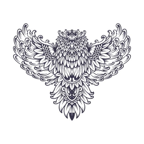 Flying owl flourish ornament silhouette Flying owl flourish ornament silhouette vector illustrations for your work logo, merchandise t-shirt, stickers and label designs, poster, greeting cards advertising business company or brands background of a owl black and white stock illustrations
