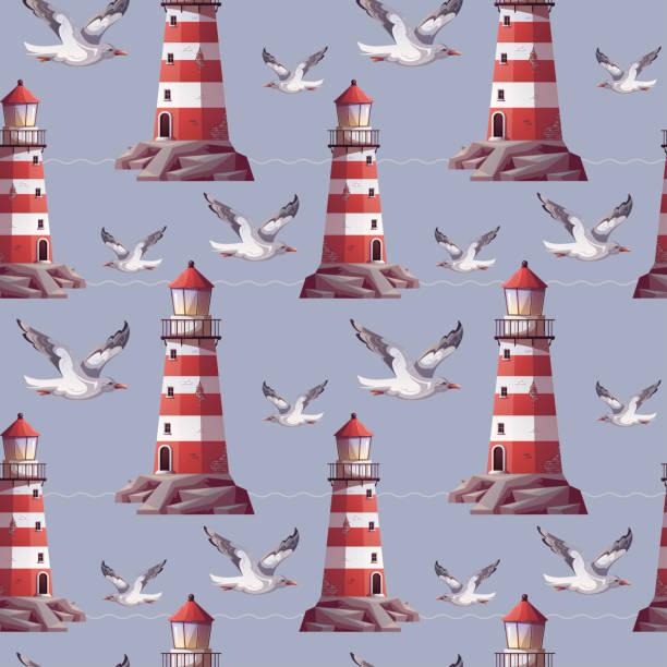 ilustrações, clipart, desenhos animados e ícones de padrão sem emendas com farol e gaivota voadora. - sea life centre