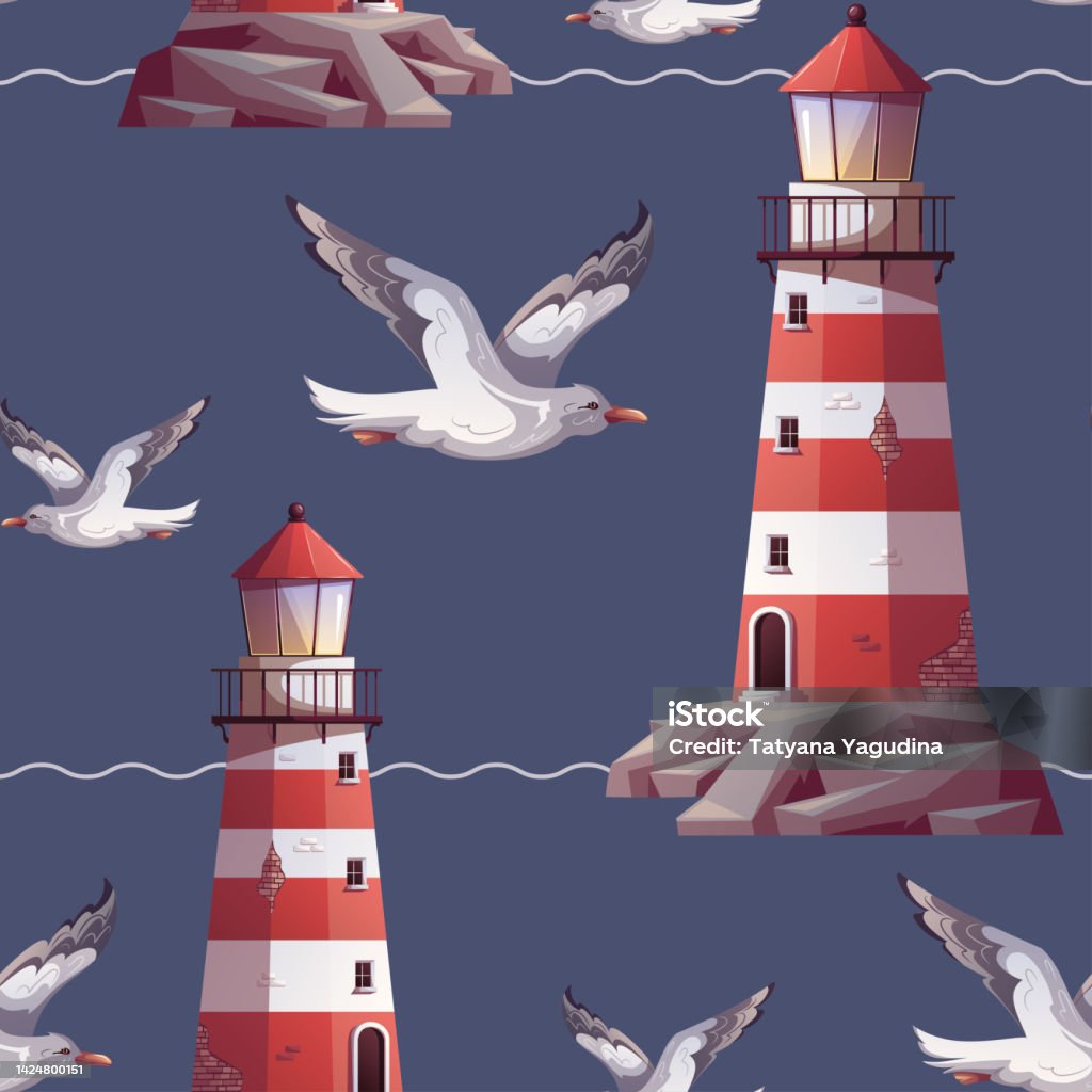 Seamless Pattern With Lighthouse And Flying Seagull Stock Illustration ...