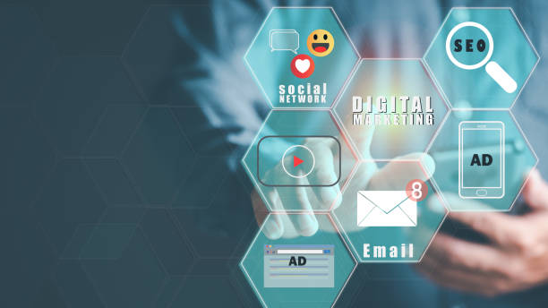 Marketers optimize sales with online marketing, advertising concepts and communication with social technology, seo, email, website, internet business strategy analysis,modern media planning management