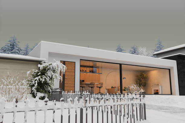 istock Luxury Villa Exterior With Snowy Garden 1424803270