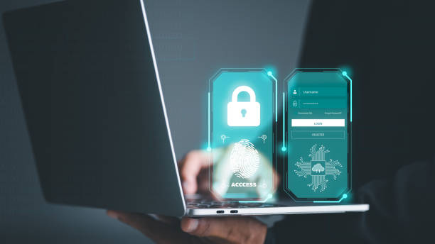 Businessmen enter the security system through a laptop. to prevent unauthorized access to privacy information By unlocking the password and verifying identity through the database. los empresarios ingresan al sistema de seguridad a través de una computadora portátil. para evitar el acceso no autorizado a la información de privacidad desbloqueando la contraseña y verificando la identidad a través de la base de datos.