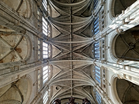 Bonneuil en Valois, France, july 17, 2016 : central nave and arches of cathedral Notre Dame de Lieu Restaure abbey