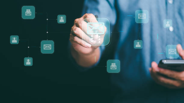 istock Business people communicate online messages with e-mail, network letter technology and digital marketing concepts, modern business connections and newsletters, electronic traffic and correspondence. 1424808556