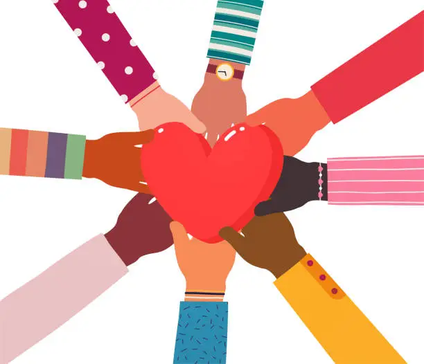 Vector illustration of Multicultural people hold hands over heart. Concept support and assistance, cooperation, friendship, volunteer charity of multi-year people. Group of volunteers hold their hands in a circle.