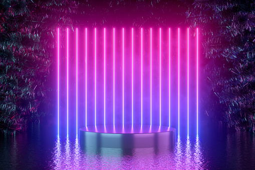 3d rendering of empty product podium with Christmas tree and neon glowing lights, copy space for advertisement.