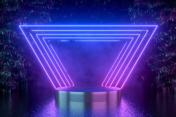 istock Empty product podium with Christmas tree and neon glowing lights 1424809814